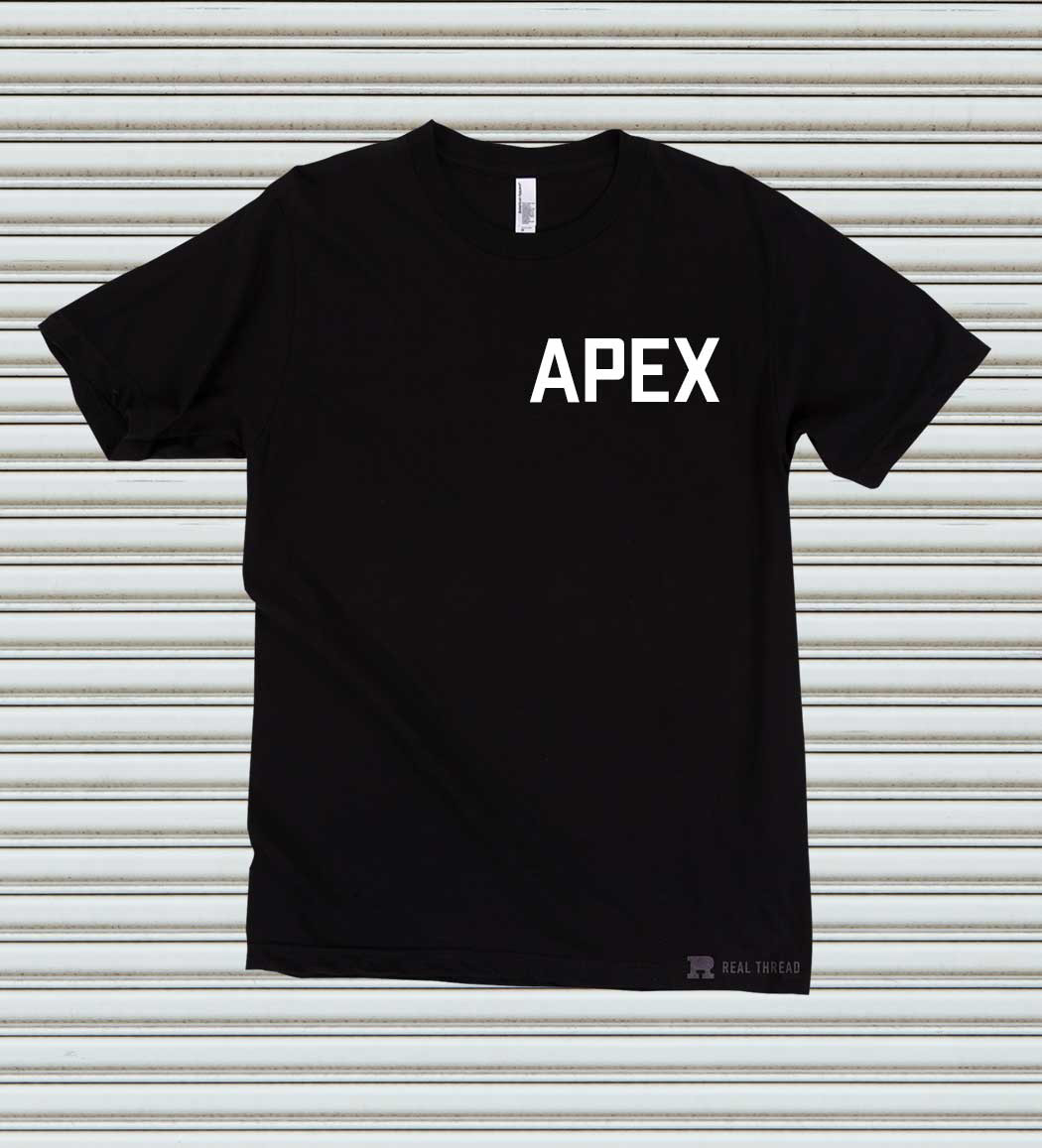 black shirt with white text flat lay