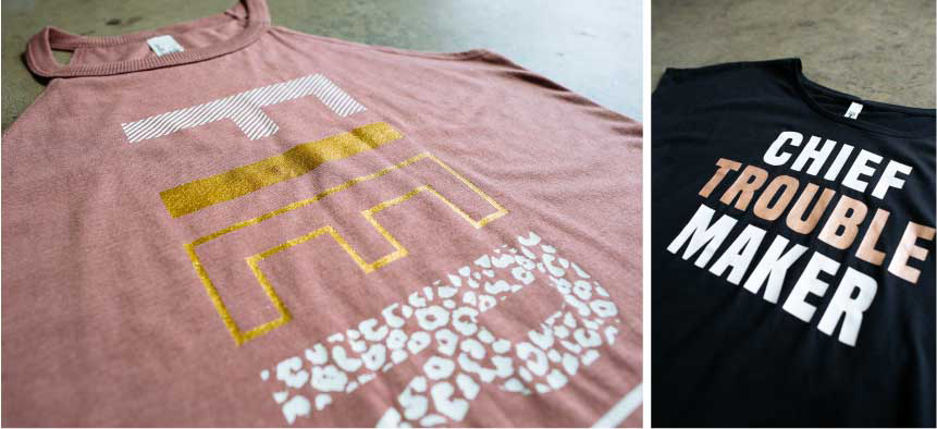 two shirts with gold foil printing