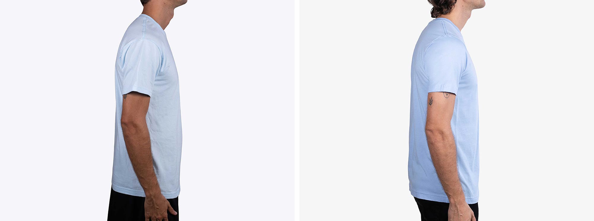 two images of man showing side seam blue shirt